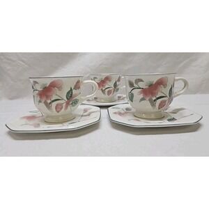 3 Mikasa Continental Silk Flowers Footed Cup & Saucer Sets F3003 8oz Japan I24